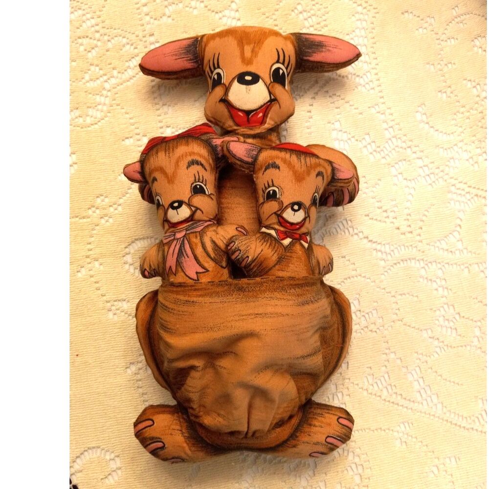 Vtg Cut-and-Sew Fabric Panel Kangaroo Dolls Mother with Babies in Pouch 1960s